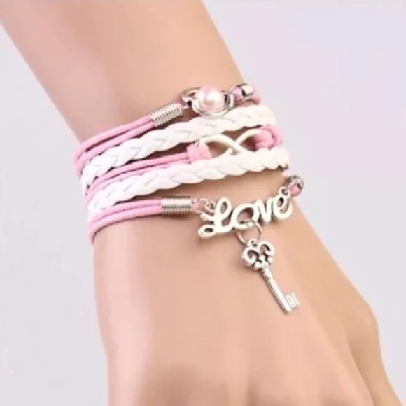 Set Friendship Love Key Lock Infinity Pearl Layer Charm Bracelet Adjustable Pink - Picture 6 of 8